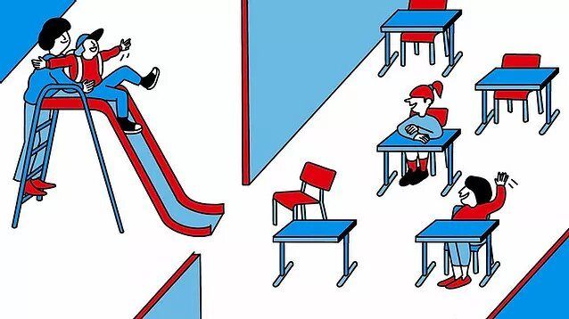 Returning to classroom learning. An original illustration from Brian Platzer's article in the Atlantic.